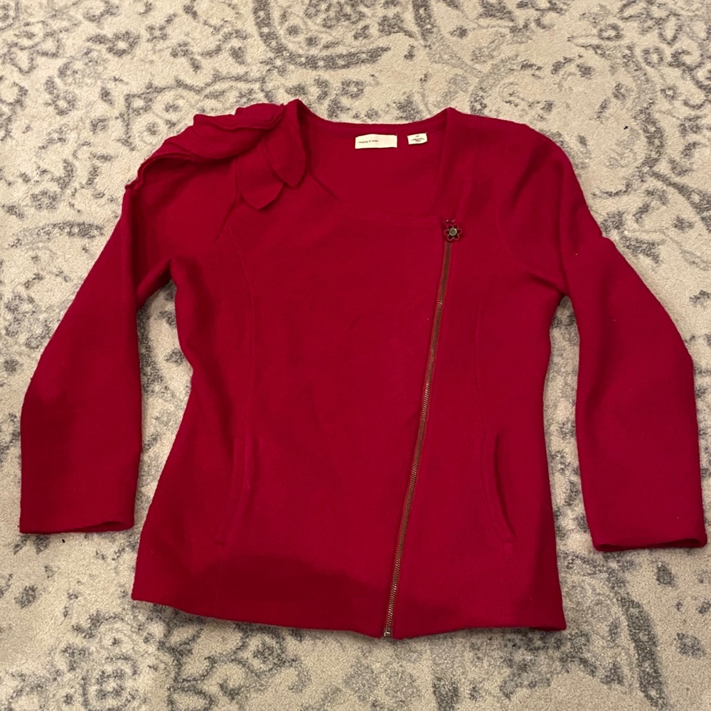 Anthropologie Red wool Asymmetrical Zipper Cardigan w/ 3d flower art on shoulder